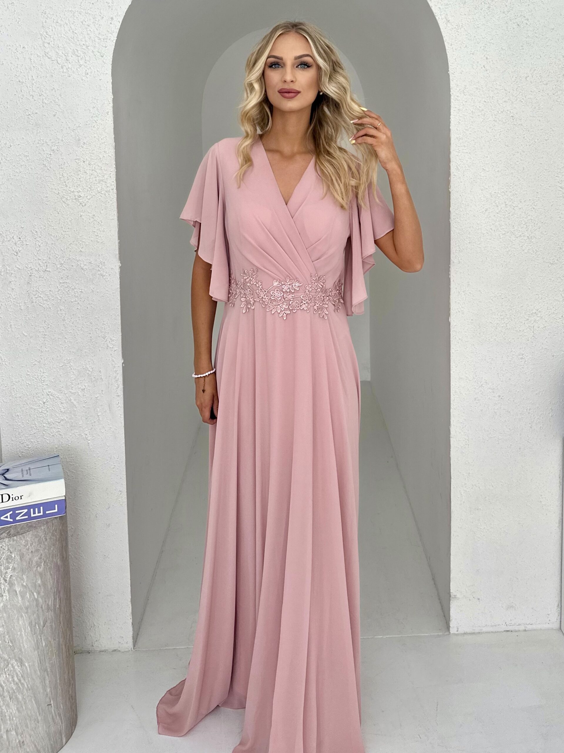 Sukienka z Rękawkiem Oria Pudrowy Róż