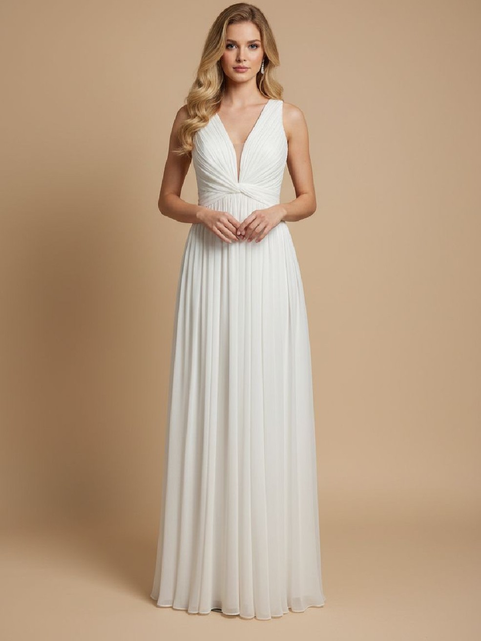 biała sukienka maxi, długa biała sukienka elegancka, biała sukienka plisowana, sukienka na ślub cywilny, sukienka na wesele, elegancka sukienka maxi, biała sukienka z dekoltem V