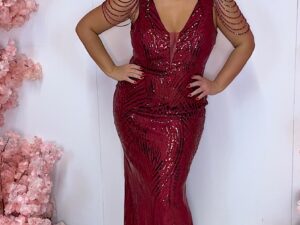 Sukienka Dopasowana Maxi Cekinowa Bellagio Bis Bordowa
