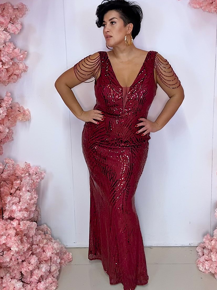 Sukienka Dopasowana Maxi Cekinowa Bellagio Bis Bordowa