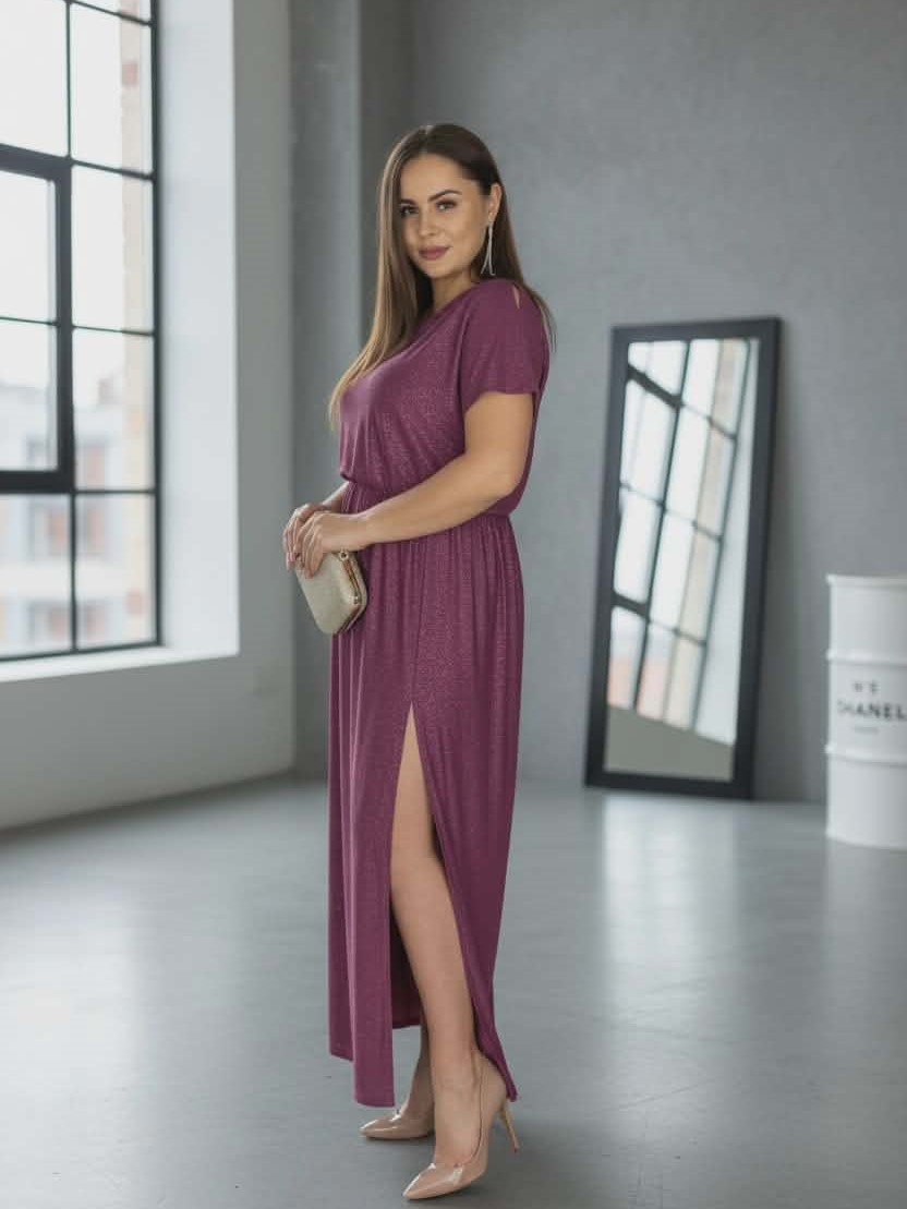 Sukienka Długa Brokatowa Greta Jagodowa