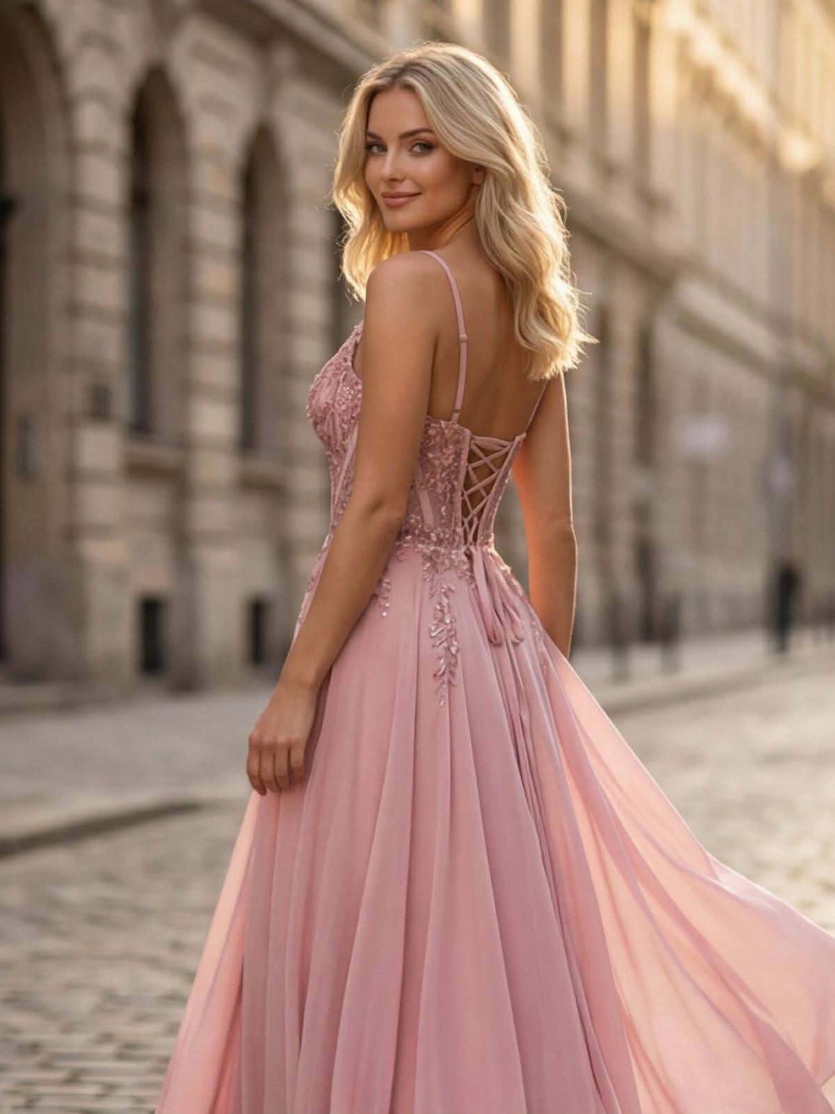 Sukienka Maxi Wiązana Solenne Pudrowy Róż