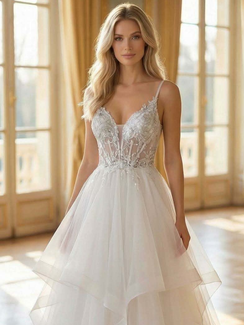 Suknia Maxi Tiulowa Zdobiona Pedra Biała