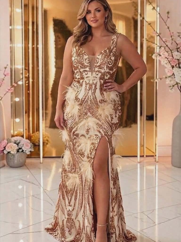 Sukienka Cekinowa Maxi Pusia Z Piórkami Plus Size