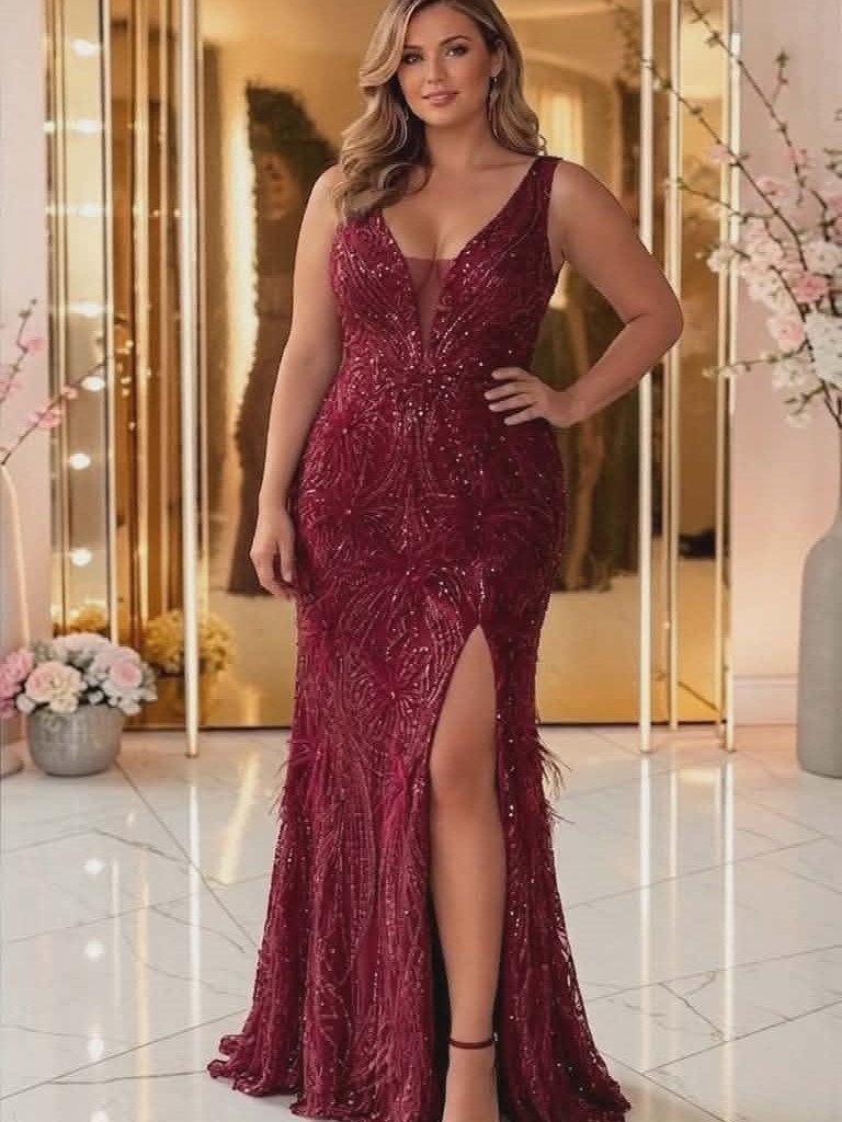 Sukienka Cekinowa Maxi Pusia Z Piórkami Plus Size Bordowa